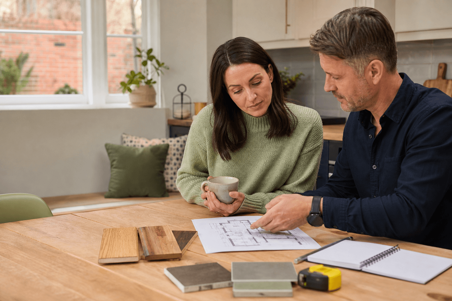A homeowner discussing renovation plans at a kitchen table