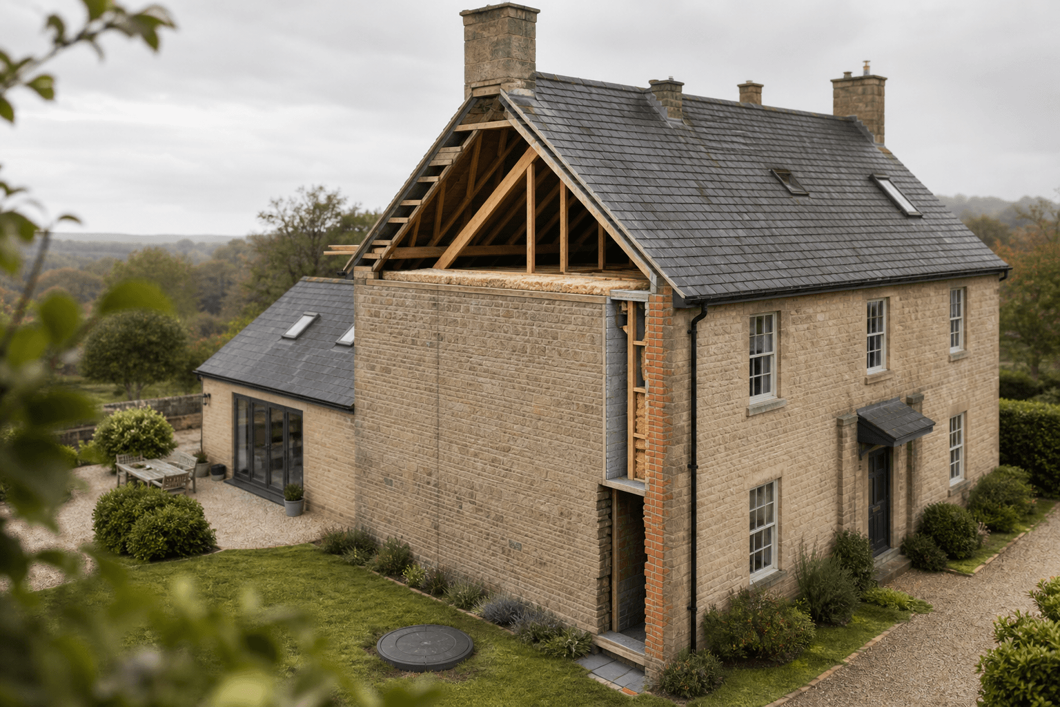 A British home showing its loft, cavity wall construction and garden drainage access